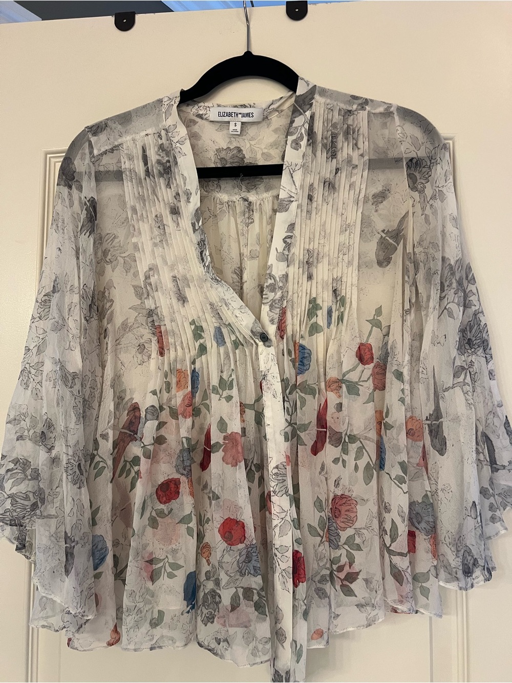 Elizabeth and James Sheer Floral Pintuck Blouse in White with Multi Floral